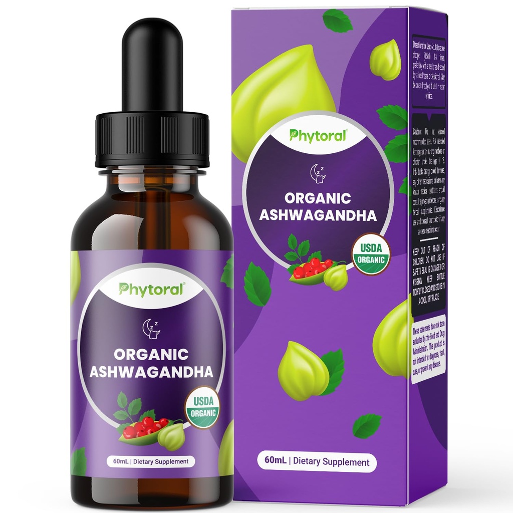 Phytoral Organic Ashwagandha Flydende dråber til voksne - Potent Flydende Ashwagandha Root Extract for Energy and Mood Support - Tincture Vegan non-GMO Gluten & Alkohol- Gratis (120 Servering)