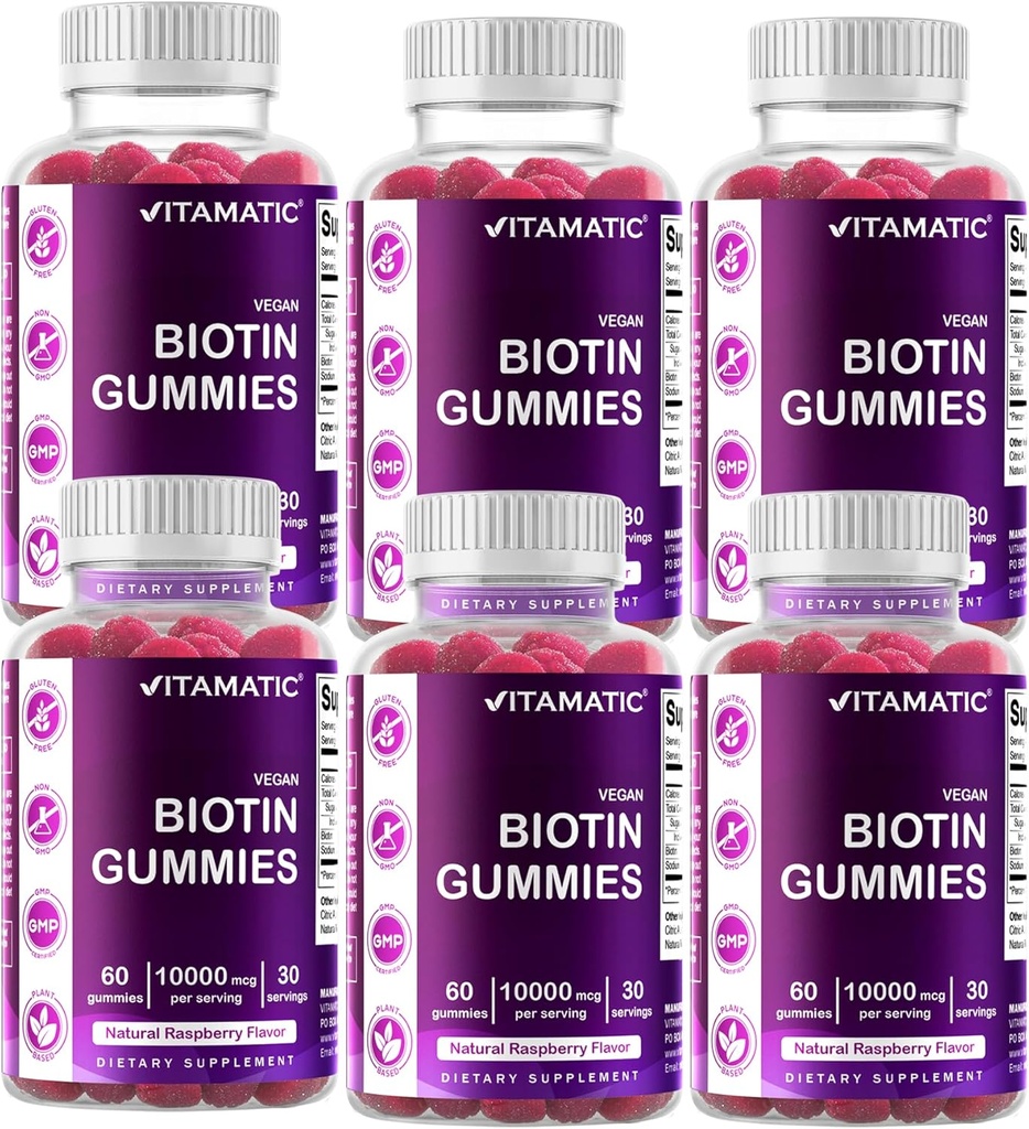 Vitamatisk biotin gummies 10.000 mcg for stærkere hår, hud & negle - 60 Vegansk gummies - også kaldet vitamin B7 (6 flasker)