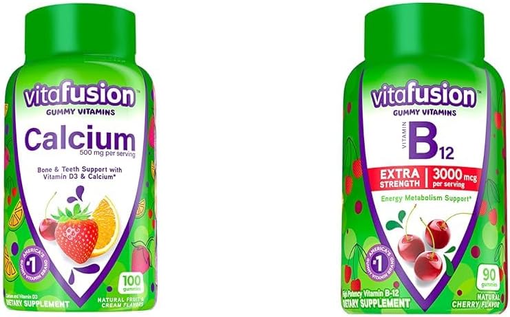 Vitafusion Chewable Calcium Gummy Vitamins for Bone and Teeth Support & Extra Strength Vitamin B12 Gummy Vitamins for Energy Metabolism Support and Nervous System Health Support