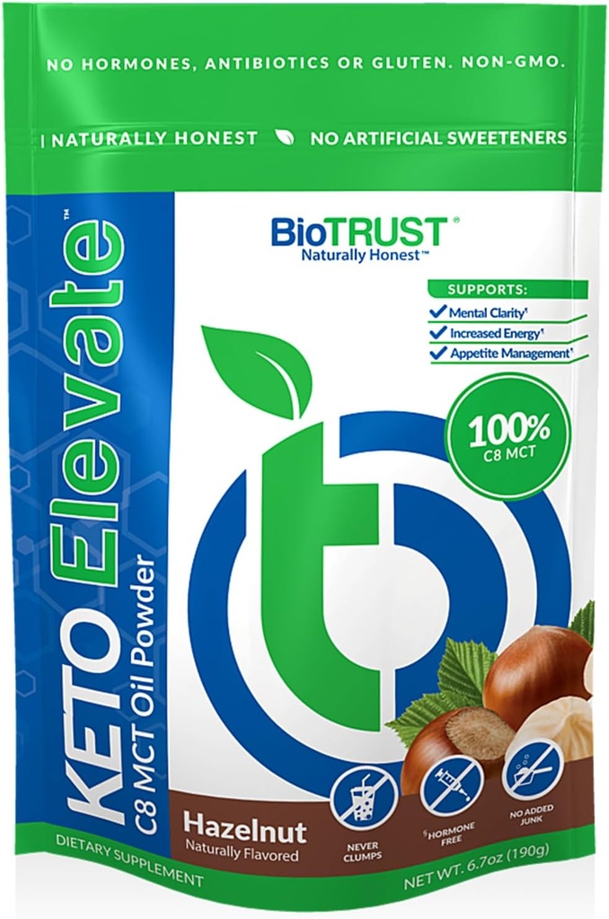 BioTrust Keto Elevate - C8 MCT Oil Powder - Ketogen MCT Coffee Creamer, Keto Coffee Creamer - Clean Energy, Mental Focus & Clarity - 100% Captural Acid MCT Powder, Non- GMO (Hazelnut, 20 Servere)