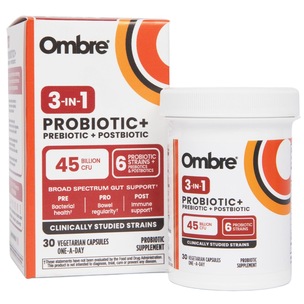 Ombre 3- in-1 Probiotisk, Prebiotisk og Postbiotisk for fordøjelsessygdomme & Gut Health - 45 Millioner CFU - Bloating, Forstoppelse & Gas Relief - Metaboliske og immunforsvar for kvinder & mænd, 30 dages forsyning