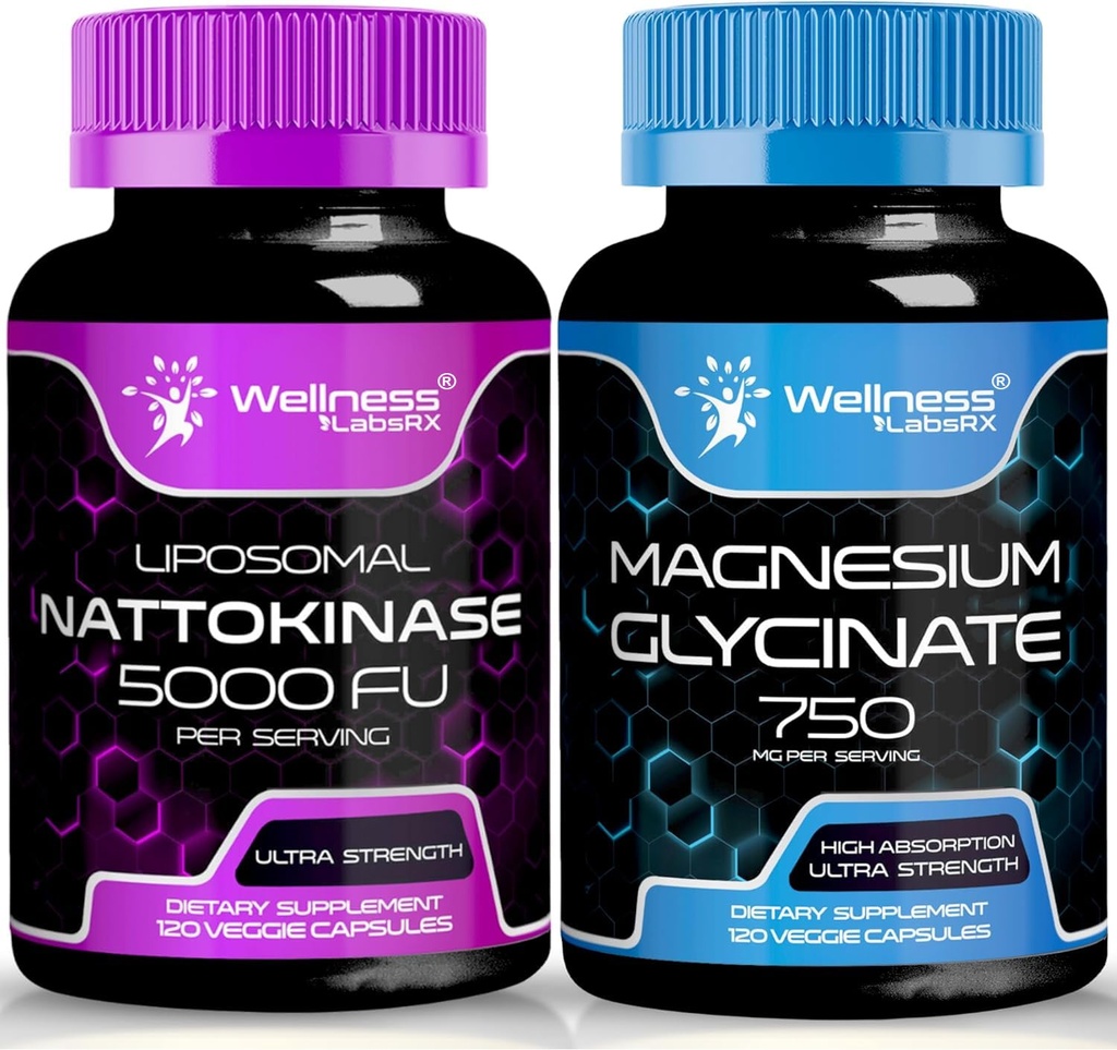 Nattokinase Supplement Capsules - 5000 FU - Magnesium Glycinate Capsules 750 MG | Bundle