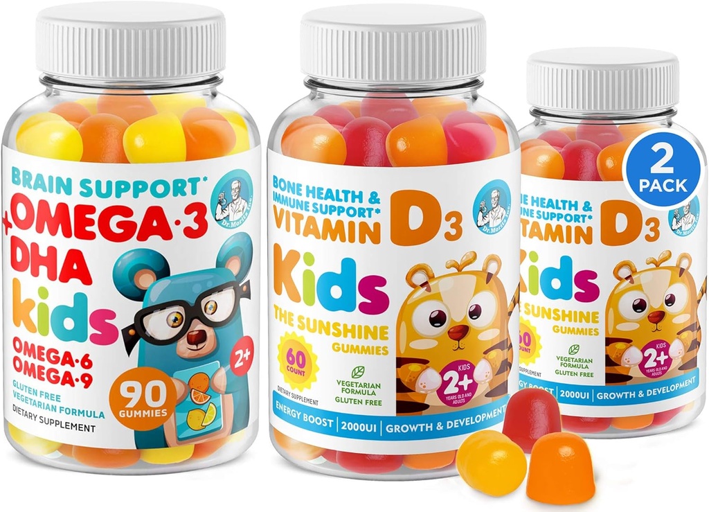 Omega 3 DHA Gummier og D-vitamin Gummier til børn og voksne - Ingen Fish Oil og Gluten Gratis immunforsvar Plant baseret Fiber Chewable