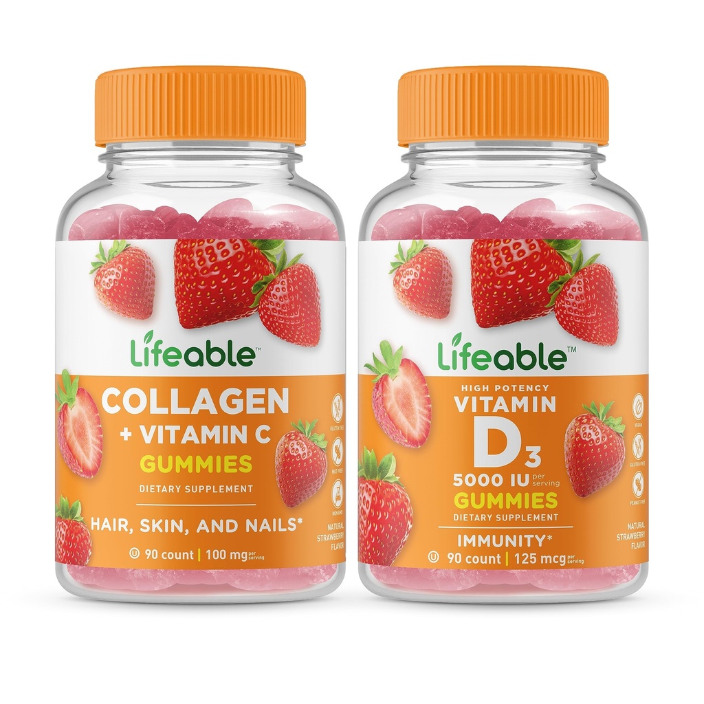 Livlig Collagen & C-vitamin + D-vitamin 5000 IE, Gummies Bundle - Great Tasting, Vitamin Supplement, Gluten fri, GMO fri, tyggetabletter