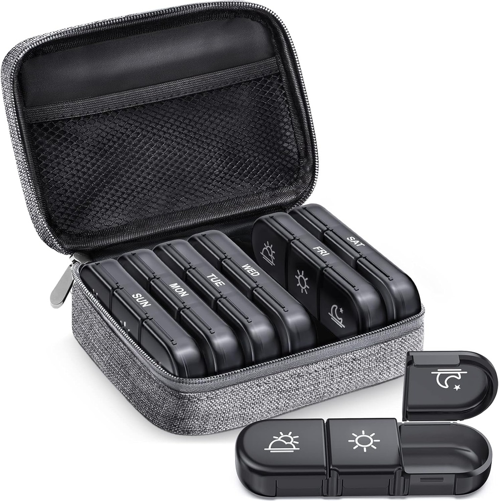 ZIKEE Stor Ugentlig Pill sag Organizer 3 gange om dagen, Portable Light Proof Canvas Bag Pill Box 7 Dag til at beskytte dit privatliv og Store Medicin, Vitamin, Fish Oil, tillæg (Grå)