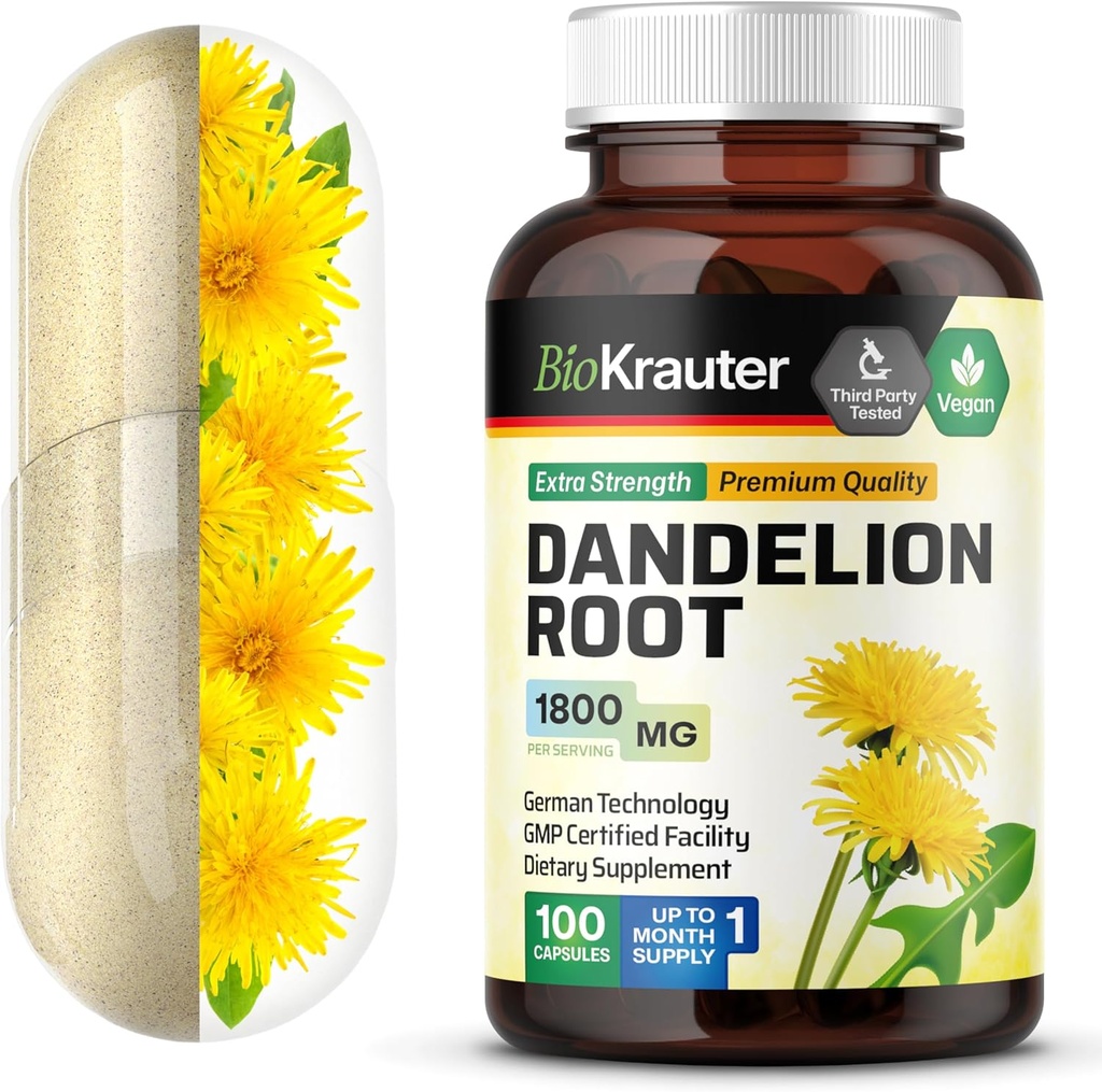 BIO KRAUTER Dandelion Root Capsules - 1800 mg Strength - 100 Count - Dandelion Root Supplement - Vegan Capsules for Liver Support