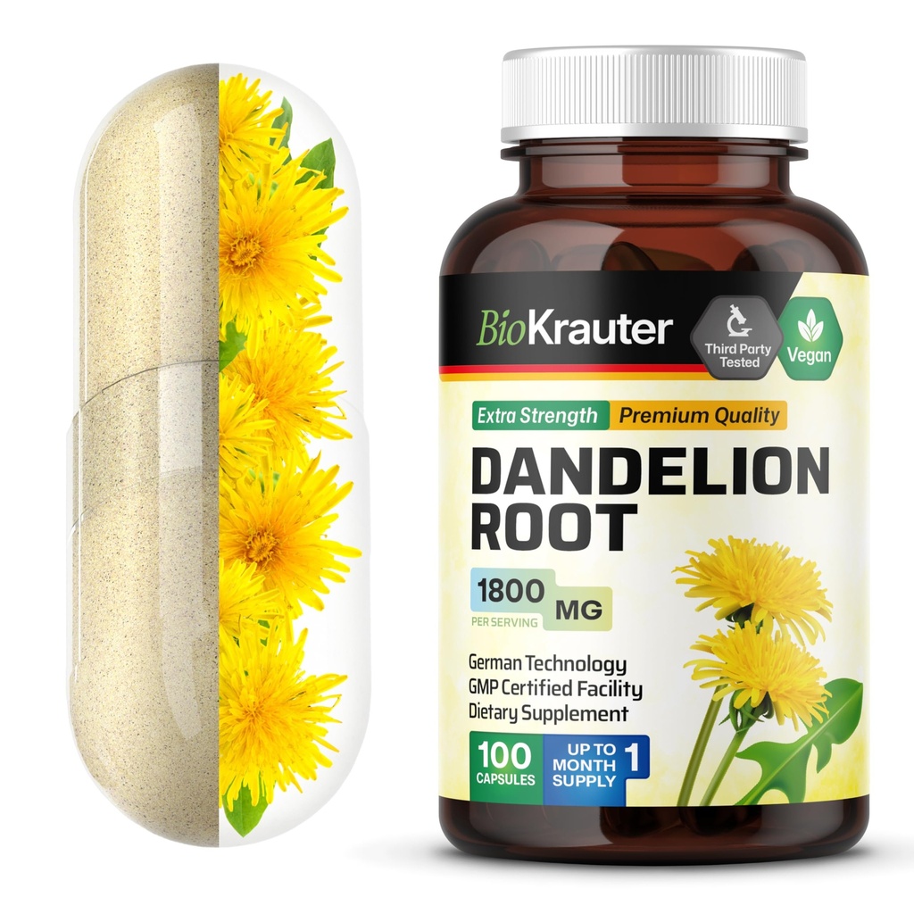 BIO KRAUTER Mælkebøtte Root Kapsler - 1800 mg Styrke - 100 Tæl - Mælkebøtte Root Supplement - Veganske kapsler til leverstøtte