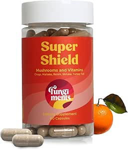 Fungiments Super Shield - Mushroom supplement - Chaga, Maitake, Reishi, Shiitake, og Tyrkiet Tail Mushrooms, C-vitamin, zink, sort hyldebær, antioxidanter - immunforsvar (60 kapsler)