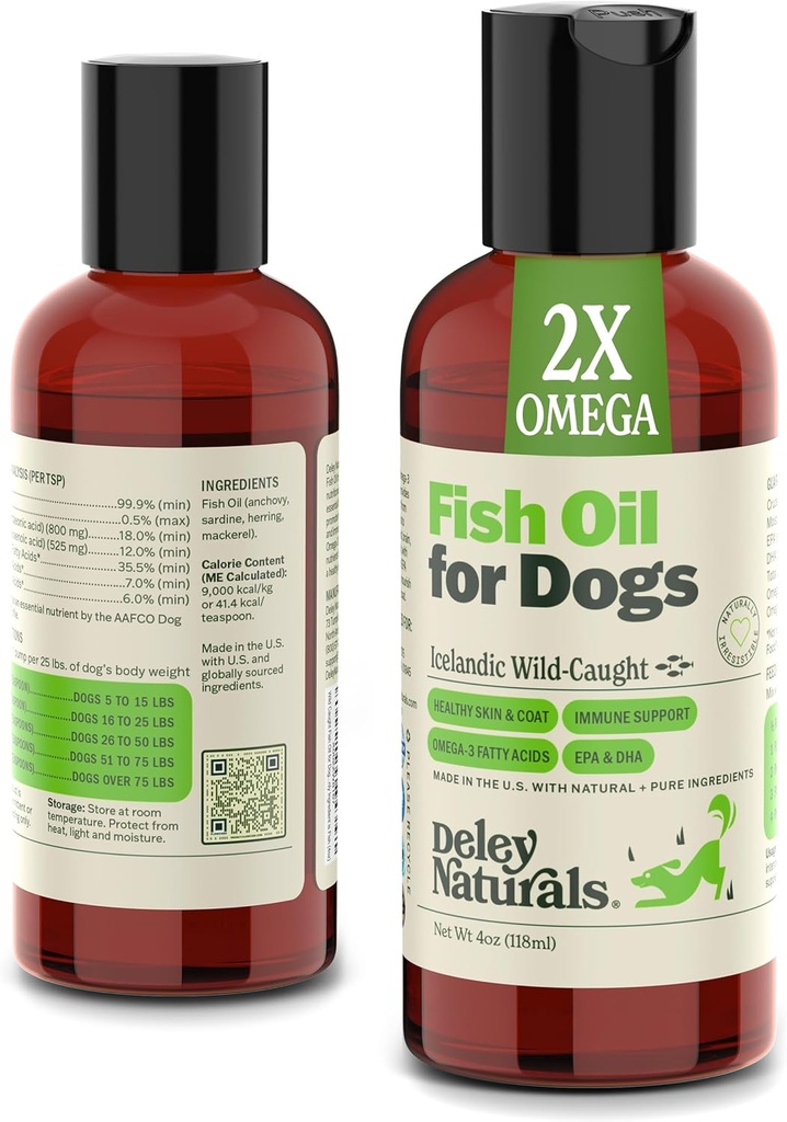 Deley Naturals Hund Fish Oil Islandsk 2X Omega - Hund klø hudlindring med Omega 3 6 9 for allergier, Coat & Heart - Omega 3 Fish Oil for Dogs Hudirritation - 4oz Omega Oil for Dogs Made in USA