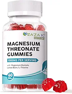 ZA 'ZA K ORGANICS Magnesium Threonate Gummies, 500mg Magnesium Threonate with Glycinate, L- Theanin, Lemon Balm, Magnesium Supplement for børn voksne, Brain Health, 60 Count