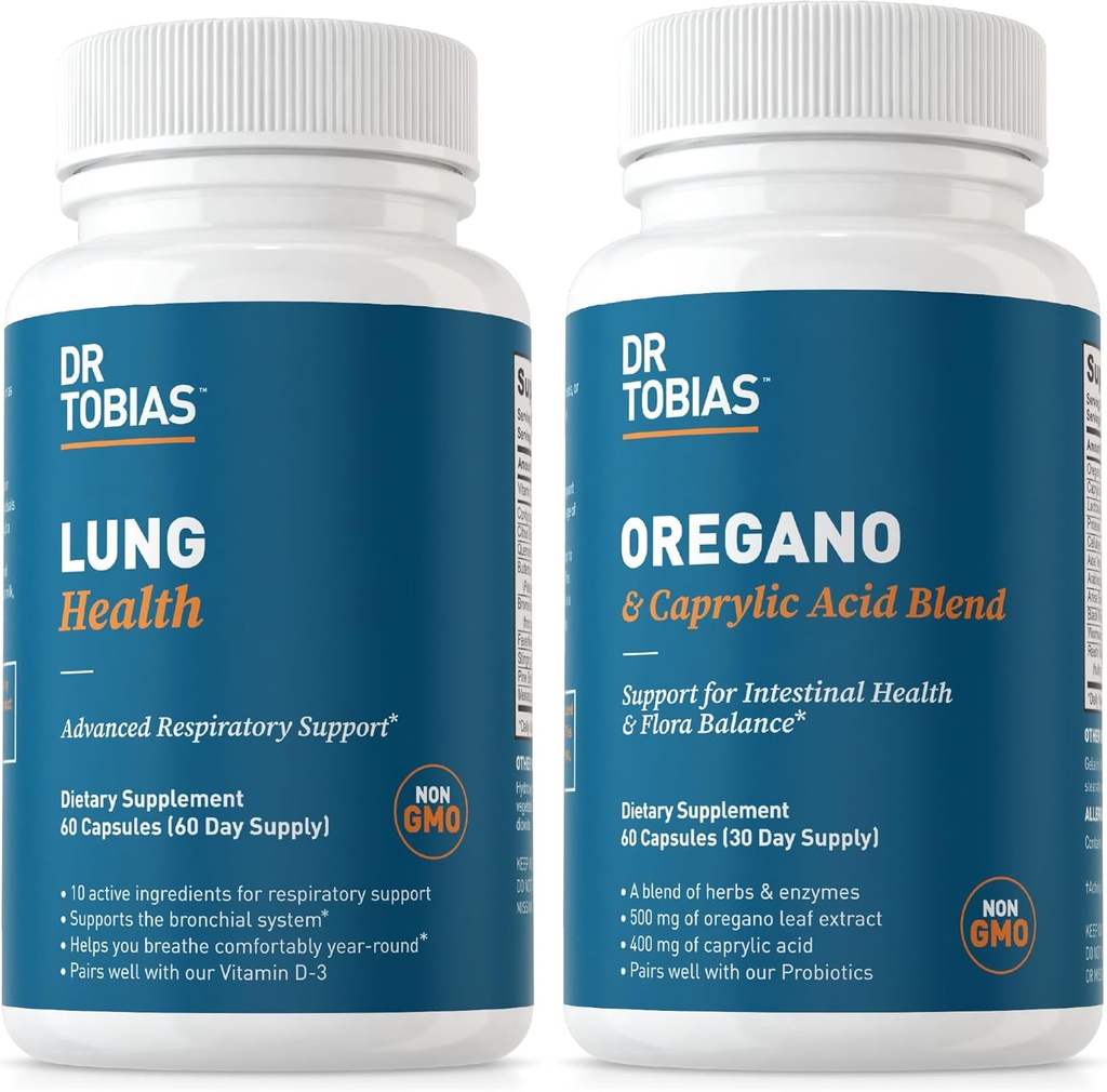 Dr. Tobias Lung Health and Oregano & Caprylic Acid Blend, Supports Lung Cleanse & Detox, Intestinal Health, Immune Support with Prebiotics & Herbs for Women & Men