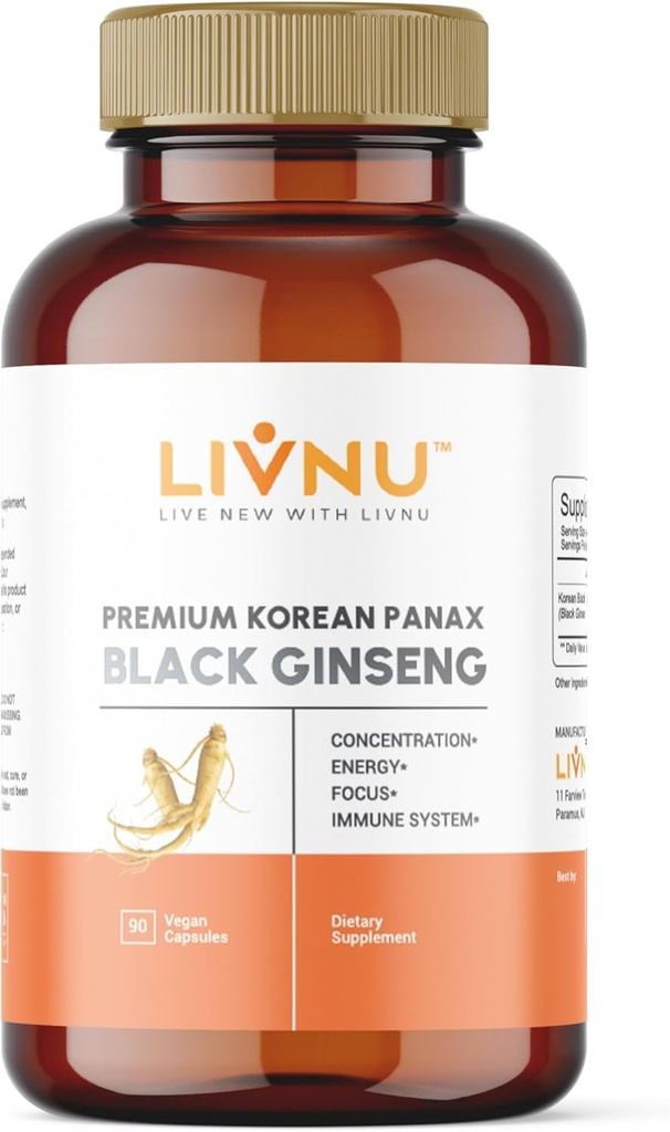 LivNu er 124; Premium Koreansk Black Panax Ginseng er 124; High Ginsenosides for Energy, Focus, Performance, Stamina, og immunforsvar er 124; Vegan Pills