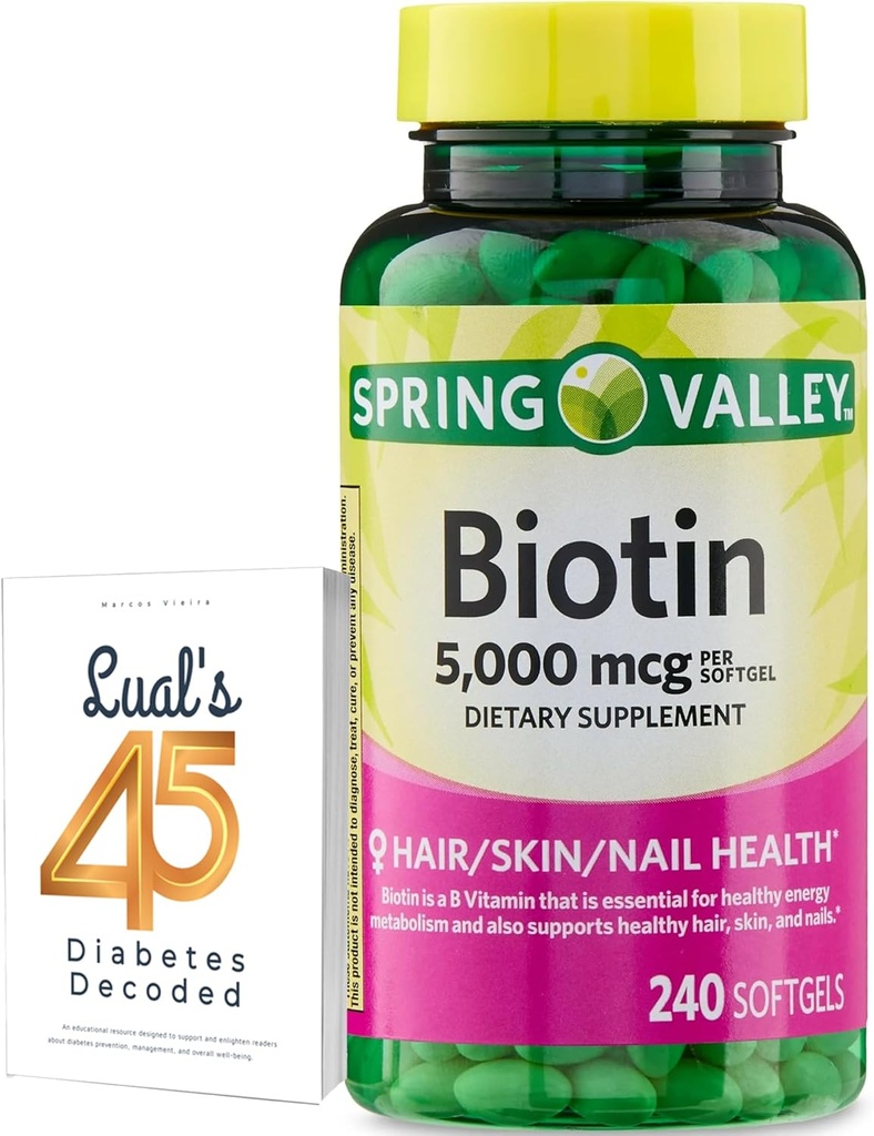 Spring Valley Biotin 5000 mcg 240 Greve, Kosttilskud til hår hud negle, hår vitaminer til hårtab for kvinder Bundle med Lanes 45 Diabetes afkodet