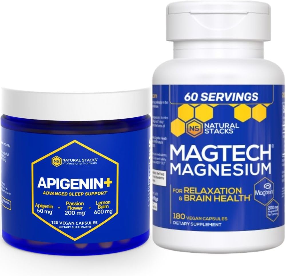 NATURLIGE STAKKER Apigenin til søvn + Magtech Magnesium Supplement Bundle - understøtter søvn & hjernesundhed * - 300 Total kapsler