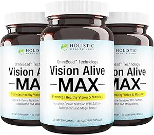 Holistiske Health Labs Vision Alive Max med 8 naturlige ingredienser Lutemax ® 2020, Blåbær, Blåbær, c3g fra Black Currant, Maqui Berry, Saffron og Astaxanthin (30 Greve (Pack of 3))