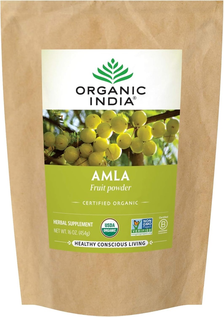 ORGANISK INDIA Amla pulver - Amalaki indisk Gooseberry, immunstøtte, C-vitamin til immunsystemet, Vegan, Ayurvedic superfood, Antioxidanter, Non- GMO, Amla pulver til hårvækst, Organic - 1 Lb