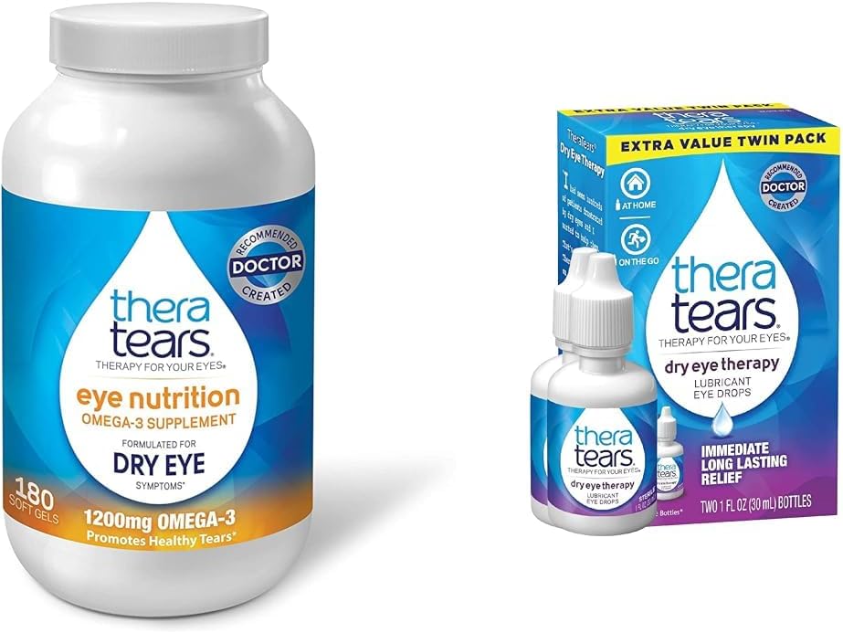 TheraTears 1200mg Omega 3 supplement til øje ernæring, Organic Flaxseed Triglycerid Fish Oil and Vitamin E, 180 Count & Dry Eye Therapy Smøremiddel øjendråber til tørre øjne, 1 fl oz Flaske Twin Pack