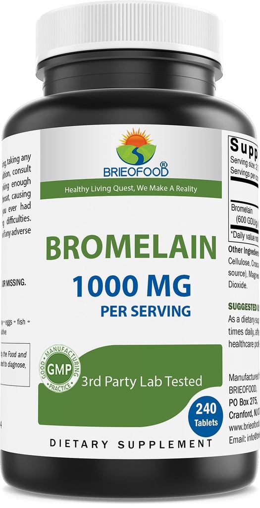 Brieofood Bromelain 1000mg per servering 240 tabletter - Proteolytisk fordøjelsesenzymer - understøtter sund fordøjelse, fælles sundhed, næringsstof Absorption