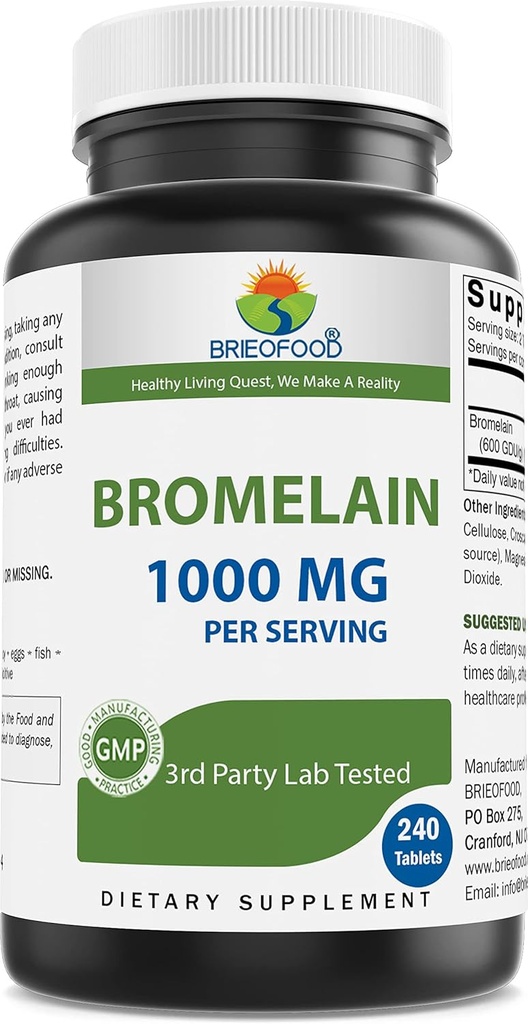 Brieofood Bromelain 1000mg per servering 240 tabletter - Proteolytisk fordøjelsesenzymer - understøtter sund fordøjelse, fælles sundhed, næringsstof Absorption