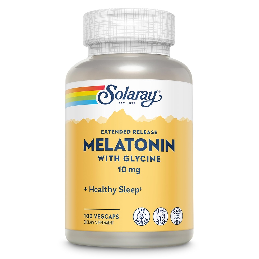 SOLARAY Melatonin 10mg med Glycine - udvidet frigivelse, sund søvnhjælp og beroligende afslapning support - Lab Verified, Vegan, Gluten Free, 60- Day Garanti - 100 Servere, 100 VegCaps