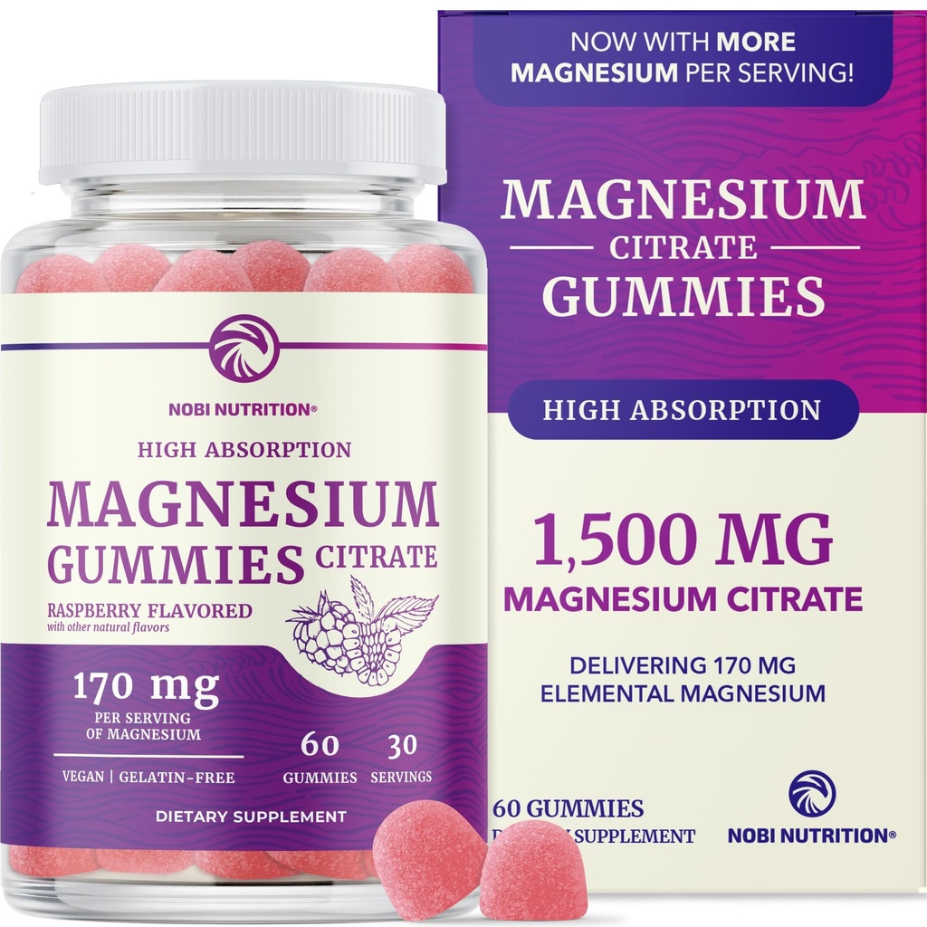 Magnesium Citrat Gummier • 124; Ekstra styrke til rolig, afslapning & fordøjelse • 124; Høj Absorption Magnesium Gummier for voksne • 124; Vegan, Non- GMO • 124; Raspberry Flavor Mag Gummy • 124; 60 Ct, 1 Måned Supply
