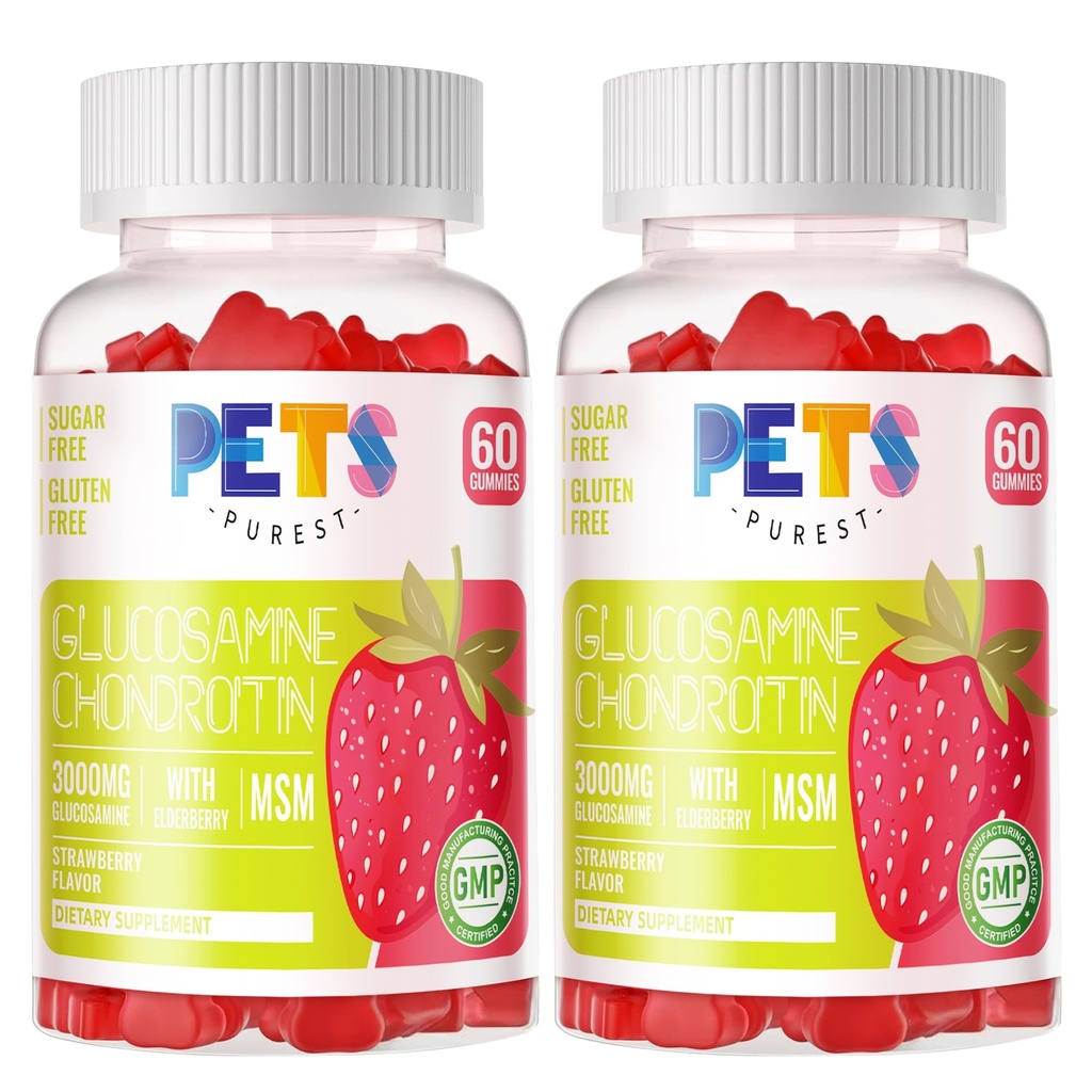 Kæledyr Purest Glucosamin Chondroitin Gummies med MSM & Elderberry Extra Strength - Fælles støtte, Antioxidant immunforsvar supplement til voksne, mænd & kvinder. (2 Pack) Jordbær