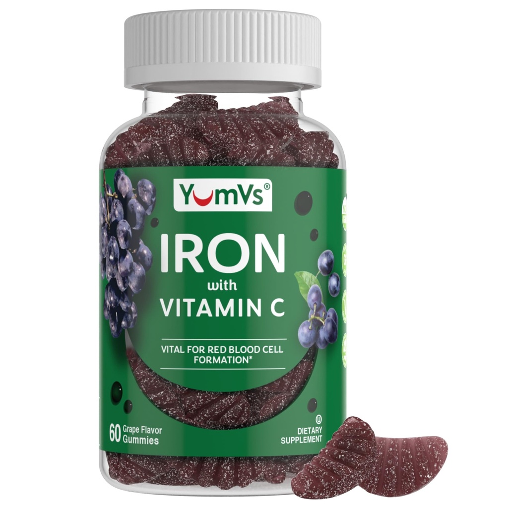 Jern Gummies Supplement med C-vitamin - 10 mg Jerntilskud - Great- TastingGumies Grape Flavor - Understøtter immunforsvar & hjælper med jernmangel - Vegan, Kosher, Non- GMO - 60 Greve