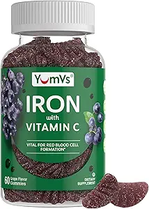 Jern Gummies Supplement med C-vitamin - 10 mg Jerntilskud - Great- TastingGumies Grape Flavor - Understøtter immunforsvar & hjælper med jernmangel - Vegan, Kosher, Non- GMO - 60 Greve