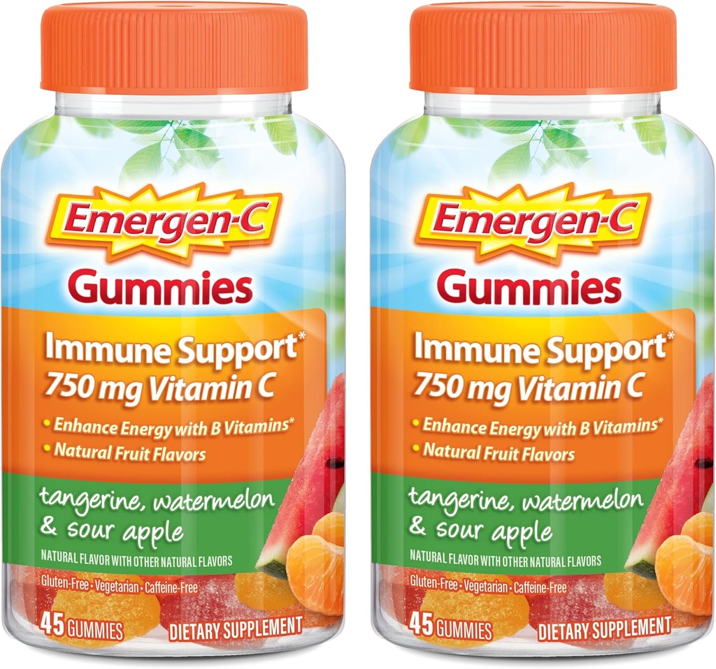Emergen- C C-vitamin Gummies, Kosttilskud til immunforsvar, tangerin, Watermelon og sour Apple Flavor - 45 Greve x 2 (pakke med 2)
