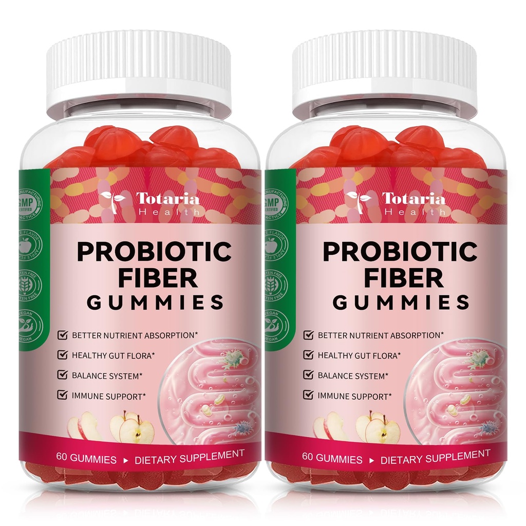 9-in-1 Probiotiske fibre gummier for voksne & Teens 16G fibre per servering, Psyllium Fiber supplement med 5 Millioner CFU Bacillus Coagulans, Inulin, ACV for fordøjelsesbesvær, Gut & immunwellness - 2 flasker