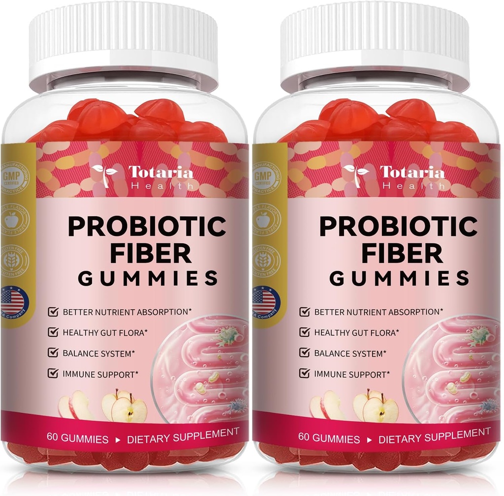 9-in-1 Probiotiske fibre gummier for voksne & Teens 16G fibre per servering, Psyllium Fiber supplement med 5 Millioner CFU Bacillus Coagulans, Inulin, ACV for fordøjelsesbesvær, Gut & immunwellness - 2 flasker