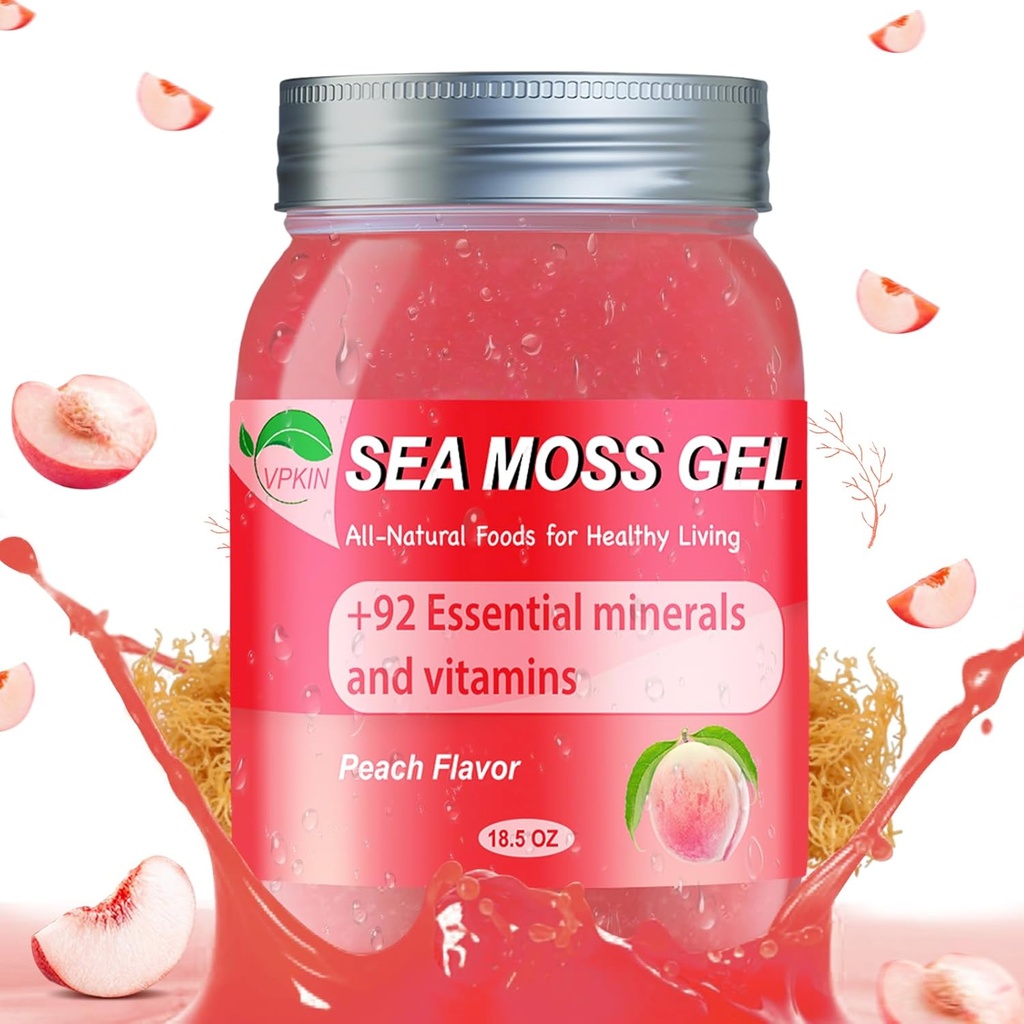 Sea Moss Gel, Irish Organic Raw Seamoss Gel Made with Real Fresh Fruit, immun and fordøjelsesstøtte, Vitamin Minerals Supplement (Peach, 18.5OZ)