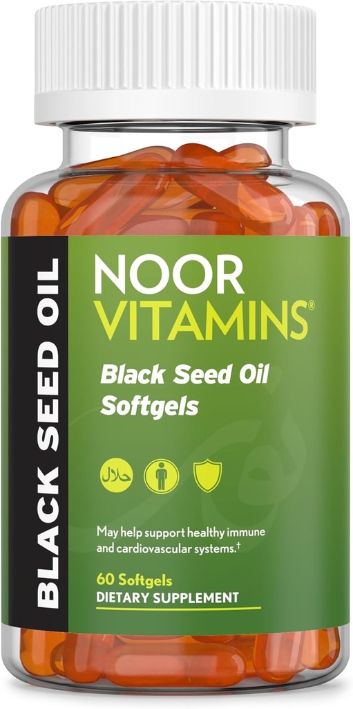 Noor Vitamin Halal Black Seed Oil Capsules, Halal Vitamin, 1000 mg Black Seed Oil fra Nigella Sativa, Thymoquinon, Non- GMO, Gluten Free, 60 Greve