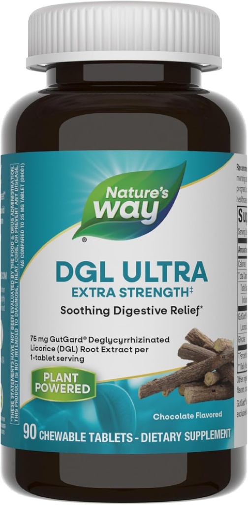 Nature 's Way DGL Ultra Extra Strength * *, Premium Lakrids Root Extract, Lindrende fordøjelsesbesvær *, med Gutgard, Vegan & Gluten Free, Chokolade Flavet, 90 tyggetabletter (Packaging May Vary)