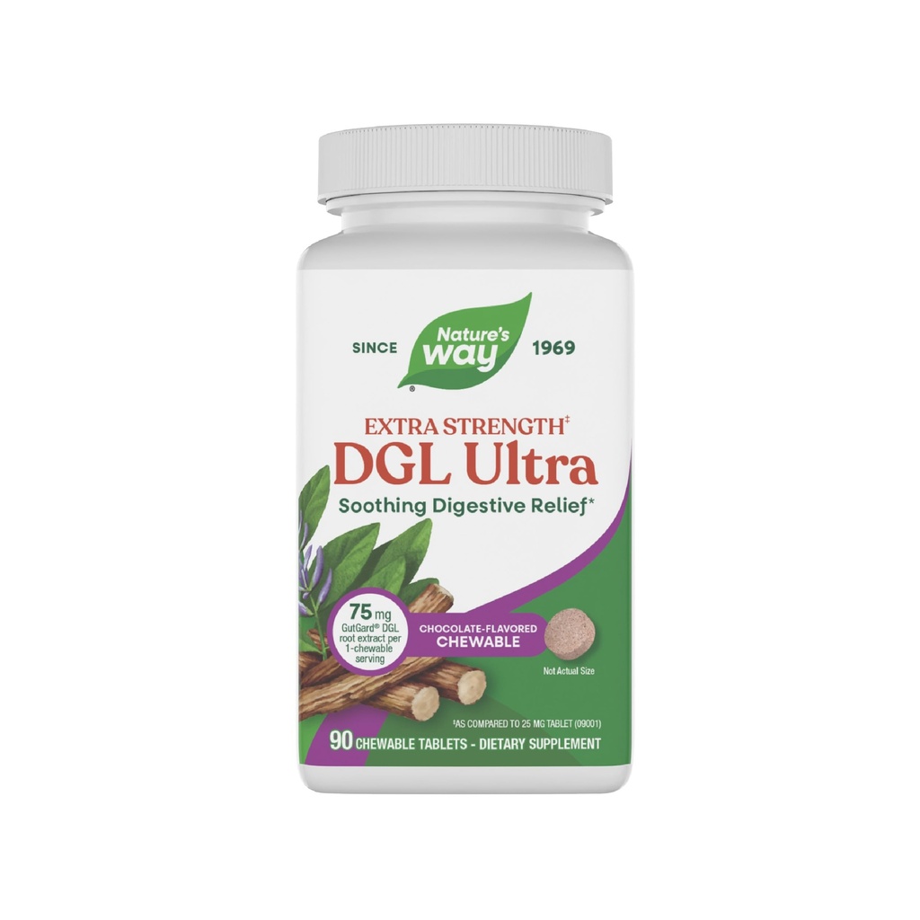 Nature 's Way DGL Ultra Extra Strength * *, Premium Lakrids Root Extract, Lindrende fordøjelsesbesvær *, med Gutgard, Vegan & Gluten Free, Chokolade Flavet, 90 tyggetabletter (Packaging May Vary)