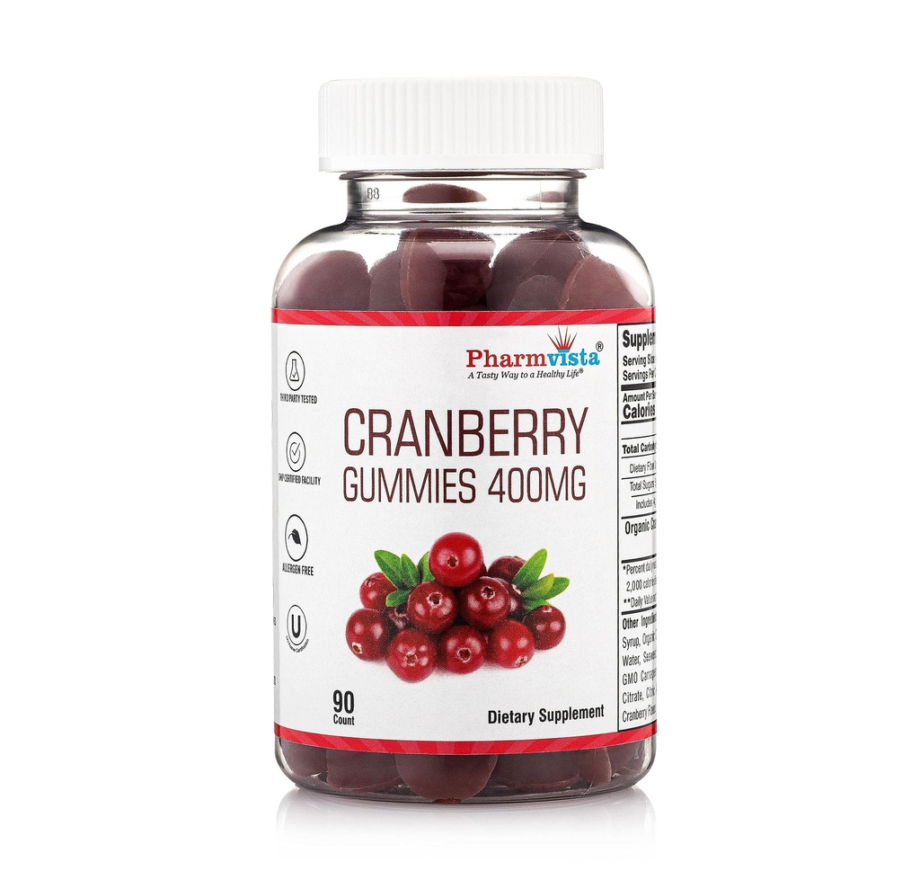 Cranberry Gummies for børn og voksne 400mg- Gluten Free Allergen Free Nutrient Rich Vegan Supplement -Cranberry Chews- 90 Greve