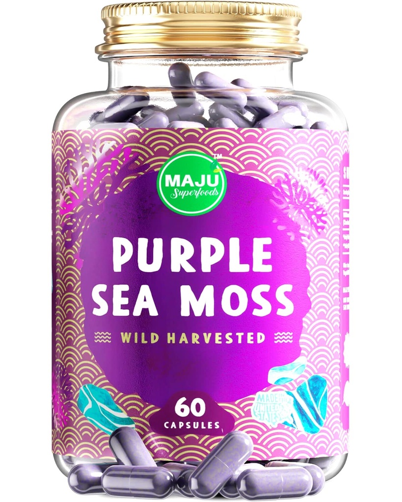 MAJUS 's kraftfulde lilla hav mos kapsler (60 ct), Extra-Strength Purple Minerals, Chondris Crispus, stærkere end Gel, Sammenlign med økologiske irske Seamoss Capsule, Wild Harared Powder Pills