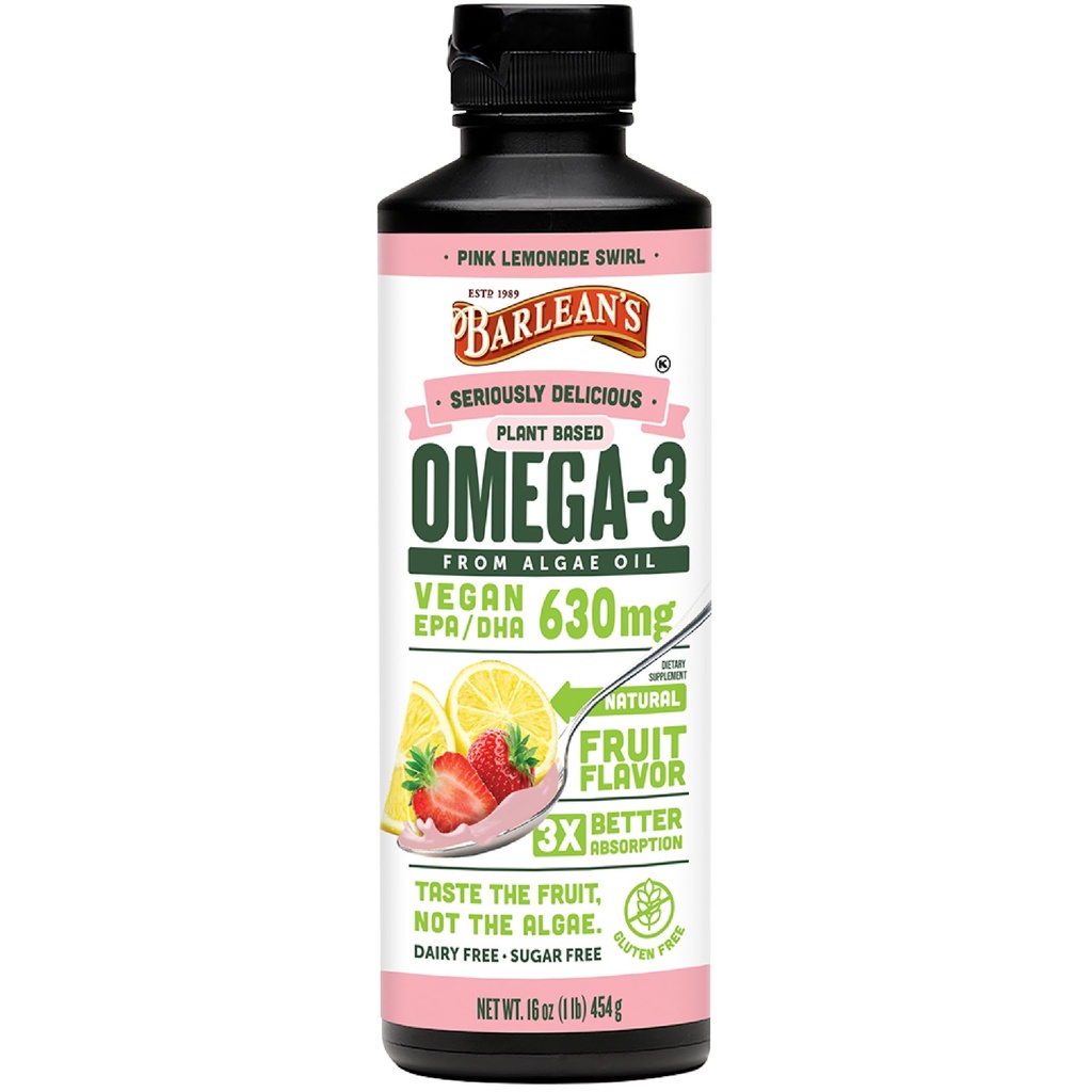 Barlean 's Pink Lemonade Vegan Omega 3 Supplement, Flydende Alger Oil med 630 mg EPA & DHA, Plant Based Omegas fra Algal Oil, Non- GMO & Gluten Free, 16 oz