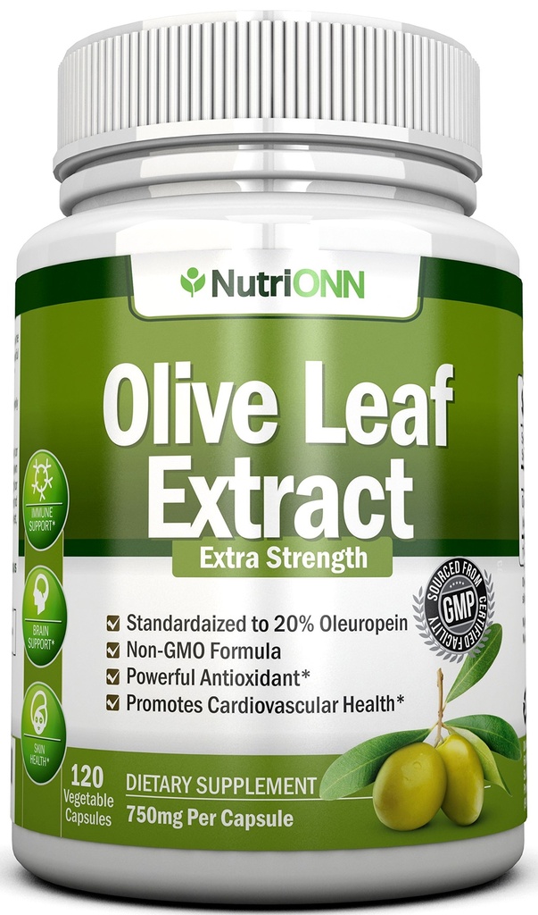 Olive Leaf Extract - 750 Mg - 120 kapsler - Ekstra styrke - 20% Oleuropein - non-GMO formel - Premium kvalitet fra rene olivenblade - kraftfulde antioxidant - fantastisk til hjerte, hud og hjerne