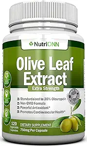 Olive Leaf Extract - 750 Mg - 120 kapsler - Ekstra styrke - 20% Oleuropein - non-GMO formel - Premium kvalitet fra rene olivenblade - kraftfulde antioxidant - fantastisk til hjerte, hud og hjerne