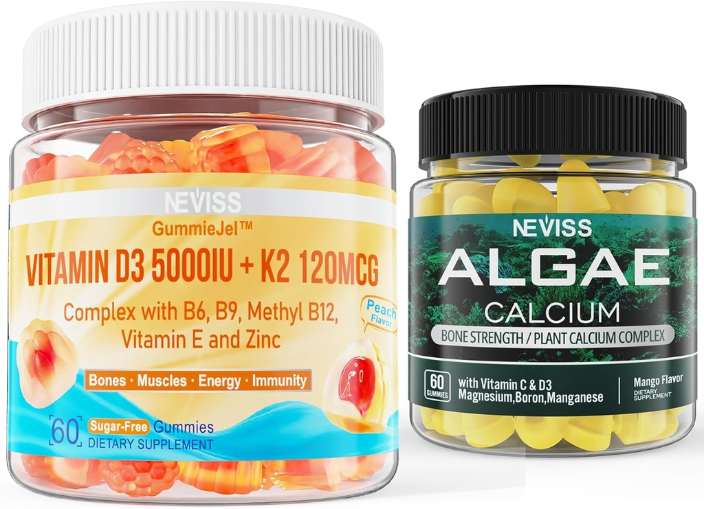NEVISS D3 5000IE K2 Gummies + Marine Algae Calcium Gummies Bundle