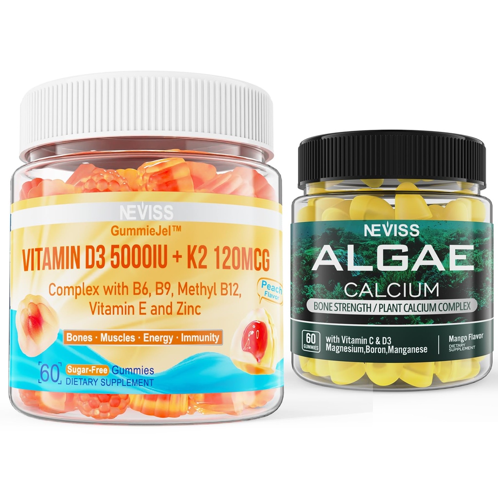 NEVISS D3 5000IE K2 Gummies + Marine Algae Calcium Gummies Bundle
