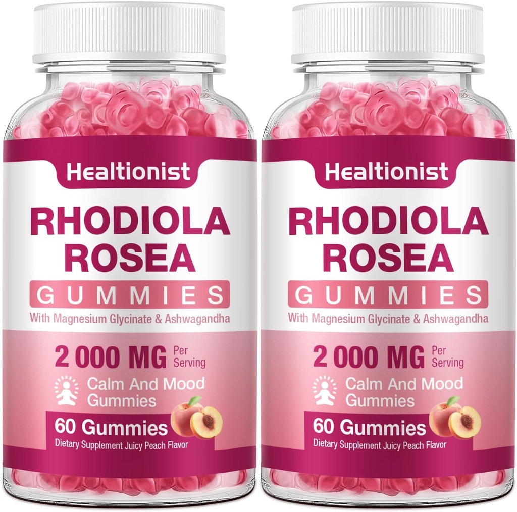 2 Pakker Sugar- Free Rhodiola Rosea Gummies Adaptogen Rhodiola Rosea Supplement & Cortisol Blocker til ydeevne, Stamina, Mood & Motivation - Non-GMO, 120 Vegan Chews