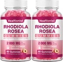 2 Pakker Sugar- Free Rhodiola Rosea Gummies Adaptogen Rhodiola Rosea Supplement & Cortisol Blocker til ydeevne, Stamina, Mood & Motivation - Non-GMO, 120 Vegan Chews
