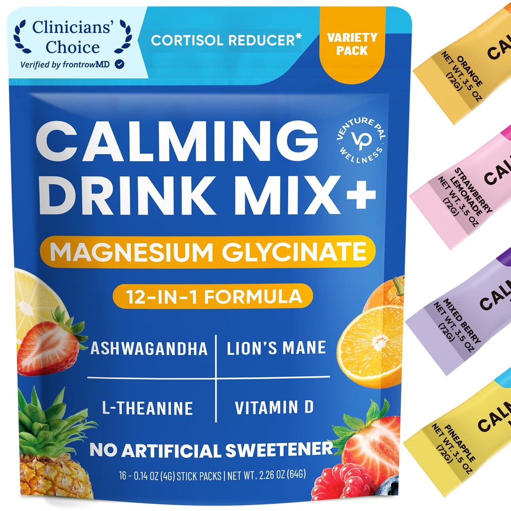 Venture Pal Calming pulveriseret drik Mix, Magnesium Glycinat, Ashwagandha, L- Theanin, Vitamin D, Lions Mane, Sukker Free Magnesium Supplement Blend til afslapning og fokus, ikke GMO, Vegan, On The Go