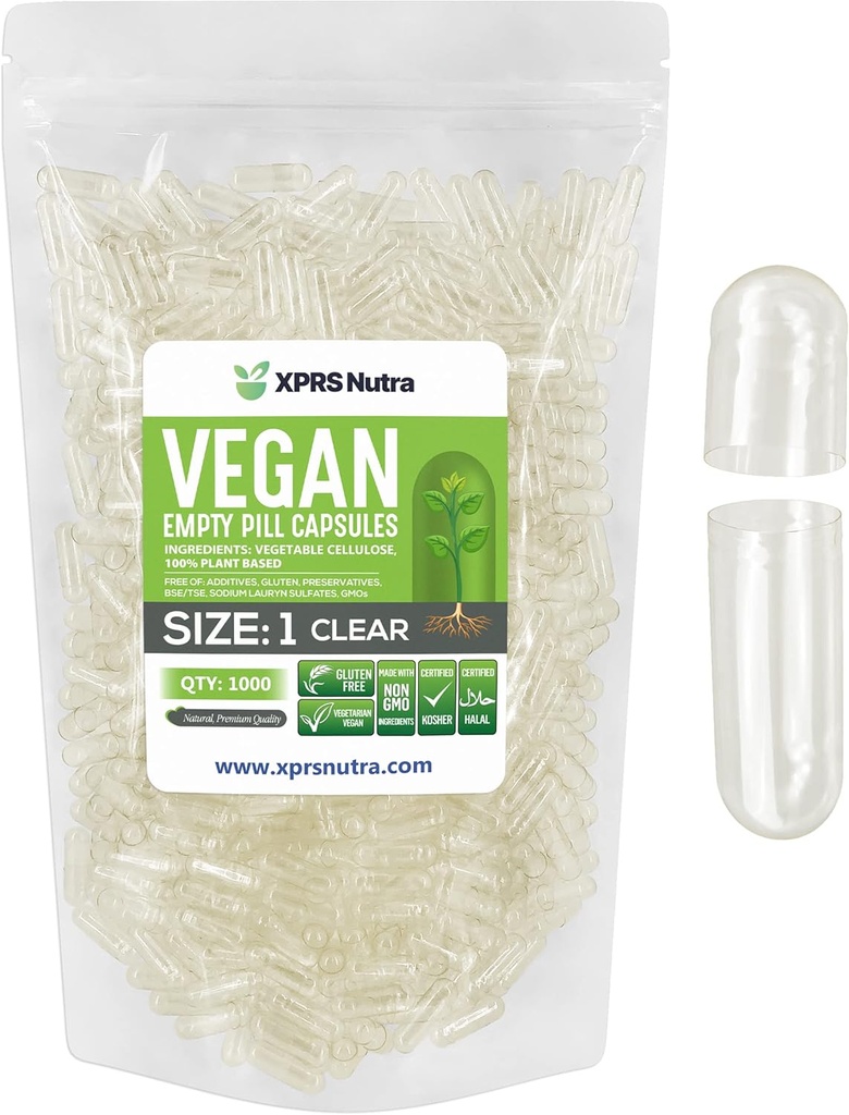 XPRS Nutra Størrelse 1 Tomme kapsler - 1000 Tomme Veganske kapsler - Vegetariske piller - DIY vegetabilsk kapsel Filling- Veggie Pill Caps til Do- It- Yourself Kosttilskud
