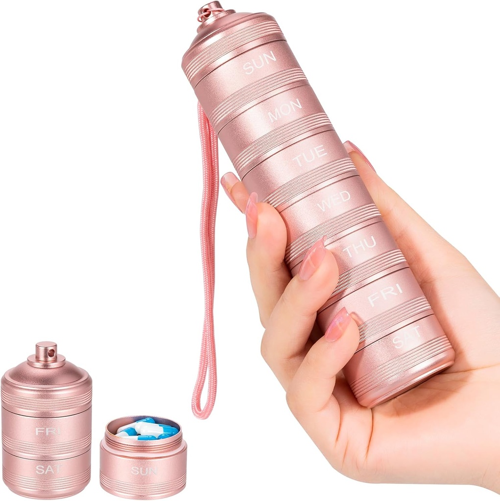 7 Dag Metal Pill Organizer - Vandtæt rejse Vitamin sag Pill Box, Daily Pill Container 7 Kompartmenter, Ugentlige Pill Containerfor Medicine Supplements Fish Oil, Pink