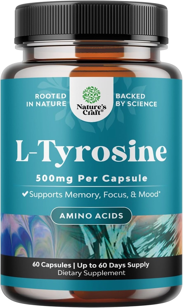 Gratis formular L Tyrosine 500mg kapsler - Høj styrke L- Tyrosin supplement til Mental energi og Focus Support - Amino Acid Nootrope supplement til Mood Focus Opmærksomhed og kognition (60 Greve)