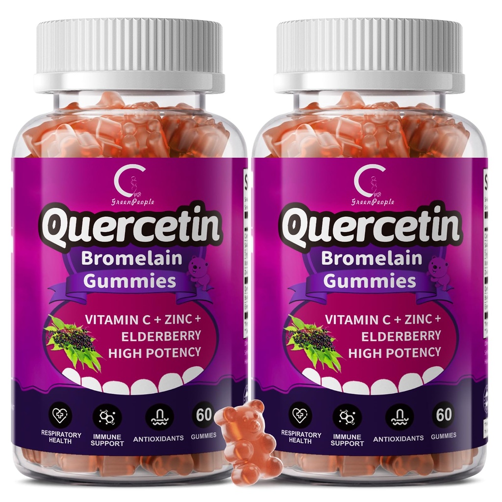 Quercetin Gummies - Quercetin med bromelain, C-vitamin, Zink & Elderberry, ekstra styrke immunsystem booster, Lung Support for voksne børn - 60 Quercetin Gummies (2 Pack)