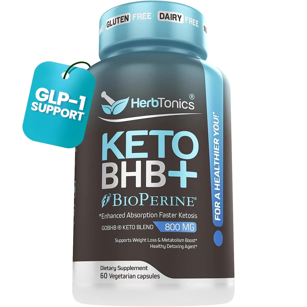 Herbtonics Keto BHB + BioPerine Keto Pills, Exogene Ketoner til Ketosis Support, Weight Management, GLP Measure 1 Support, Energy & Mental Focus, Vegansk Friendly Non Gmo Formel. 60 Vegansk Kapsler